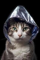 ai generato sospetto gatto indossare Foglio cappello su nero sfondo,, neurale Rete generato fotorealistico Immagine foto