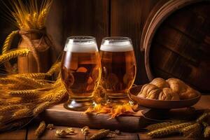 ai generato oktoberfest birra bicchieri pieno di birra e birra barile con Grano su di legno tavolo, neurale Rete generato fotorealistico Immagine foto