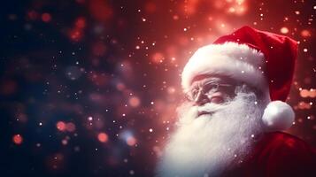 ai generato Santa Claus viso avvicinamento con sfocato luccichio bokeh copia spazio sfondo, neurale Rete generato Immagine foto