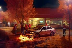 ai generato un' auto è su fuoco nel un' parcheggio lotto a autunnale notte, neurale Rete generato Immagine foto