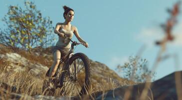 ai generato un' bellissimo donna equitazione un' montagna bicicletta nel il campagna foto