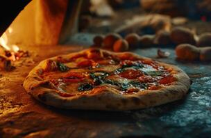 ai generato un' Pizza è essere cucinato utilizzando un all'aperto Pizza forno foto