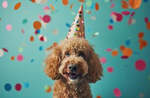 ai generato un' cane nel un' festa cappello su un' blu sfondo, animato gif foto