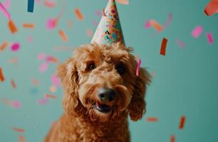 ai generato un' cane nel un' festa cappello su un' blu sfondo, animato gif foto