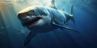ai generato un' grande bianca squalo con suo denti Aperto squalo arte foto