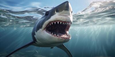 ai generato un' grande bianca squalo con suo denti Aperto squalo arte foto