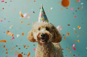 ai generato un' cane nel un' festa cappello su un' blu sfondo, animato gif foto