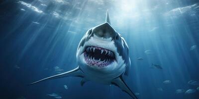 ai generato un' bianca grande bianca squalo è mostrando suo denti subacqueo foto