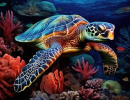ai generato un' tartaruga nuoto sotto un' corallo scogliera foto