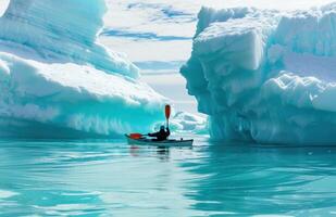 ai generato un' donna è galleggiante su un' canoa sotto iceberg foto