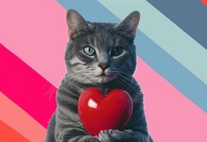 ai generato un' grigio gatto Tenere un' rosso cuore foto