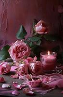ai generato un preparativi di rosa Rose e rosa candele foto