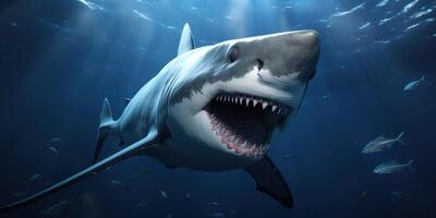 ai generato un' bianca grande bianca squalo è mostrando suo denti subacqueo foto