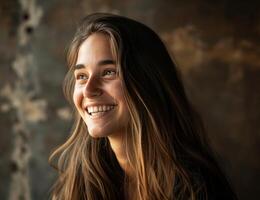 ai generato un' giovane donna con lungo capelli in posa mentre sorridente foto