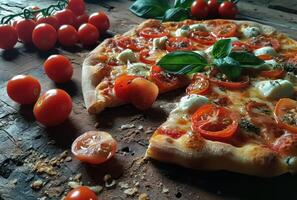 ai generato un Immagine di un italiano Pizza con pomodori e Mozzarella foto