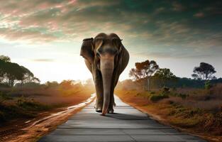 ai generato un' giovane elefante a piedi giù il strada accanto un' panoramico tramonto foto