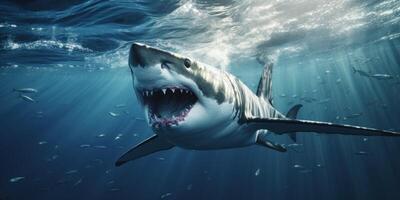 ai generato un' grande bianca squalo è nuoto con sua bocca Aperto foto