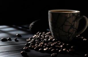 ai generato caffè boccale e caffè fagioli su un' nero sfondo foto