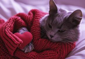 ai generato gatto nel un' rosso maglione Tenere un' cuore foto