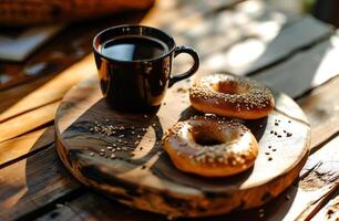 ai generato caffè e bagel su di legno piatto foto