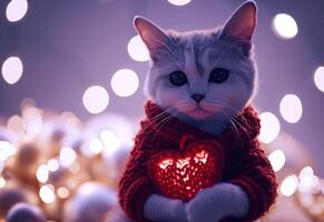 ai generato gatto nel un' rosso maglione Tenere un' cuore foto