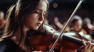 ai generato orchestra conduttore nel un' vestito con un' donna foto