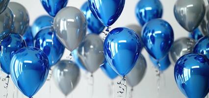 ai generato blu e grigio palloncini galleggiante su un' bianca sfondo foto
