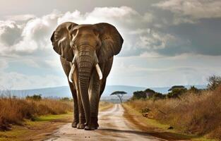 ai generato piccolo elefante a piedi giù sporco strada con nuvole dietro a esso foto