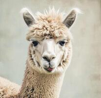 ai generato il alpaca ha il suo lingua su e è in posa per il telecamera foto