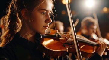 ai generato giovane talentuoso violinista con orchestra di classico musica foto