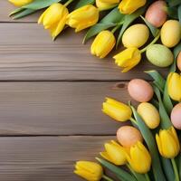 ai generato giallo tulipani su un' di legno tavola con spazio per testo foto