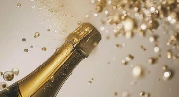 ai generato Champagne bottiglia vomitando Champagne polvere su un' bianca sfondo foto