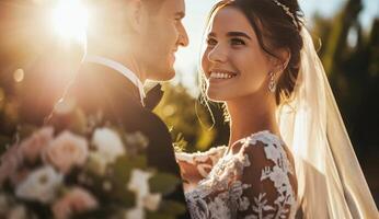 ai generato sposa e sposo in piedi nel il luce del sole mentre sorridente foto
