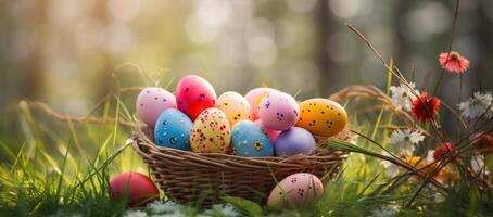 ai generato Pasqua cestino con uova nel il erba foto