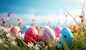 ai generato Pasqua uovo immagini, clipart e clipart di Pasqua uova su un' prato foto