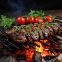 ai generato grigliato carne con pomodori, peperoncini e erbe aromatiche su un' di legno bbq foto