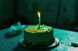 ai generato verde, blu, e giallo compleanno torta con il illuminato candela foto