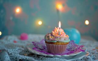 ai generato Cupcake e candela impostato contro colorato pizzo sfondo foto