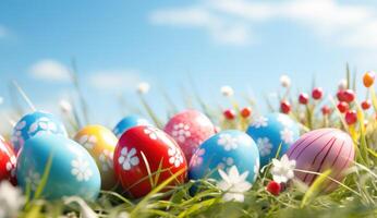 ai generato Pasqua uovo immagini, clipart e clipart di Pasqua uova su un' prato foto