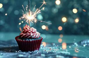 ai generato scintillante Cupcake con scintillante sparkler su un' blu sfondo foto