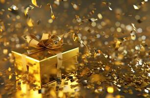 ai generato il pacchetto è nel un' d'oro regalo scatola su il pavimento con oro coriandoli foto