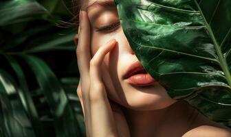 ai generato Questo giovane donna è Tenere su sua viso accanto un' verde foglia foglia foto