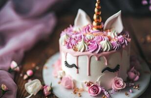 ai generato unicorno torta con rosa fiori foto