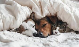 ai generato un' cane e gatto siamo addormentato sotto un' bianca foglio foto