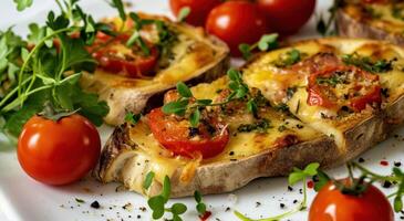 ai generato un' gratuito pane con pomodori, formaggio e erbe aromatiche su un' bianca sfondo foto