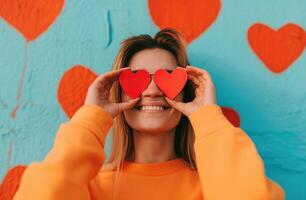 ai generato donna sorridente con rosso cuore carta al di sopra di sua occhi, foto