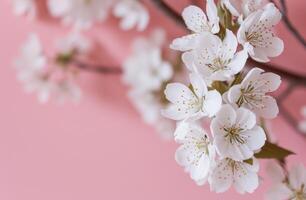 ai generato bianca ciliegia fiori su rosa sfondo con copia spazio foto