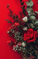 ai generato San Valentino giorno fiori su rosso sfondo foto