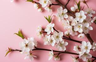 ai generato bianca ciliegia fiori su rosa sfondo con copia spazio foto