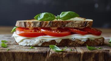 ai generato un' Sandwich con Mozzarella formaggio e pomodori su superiore foto